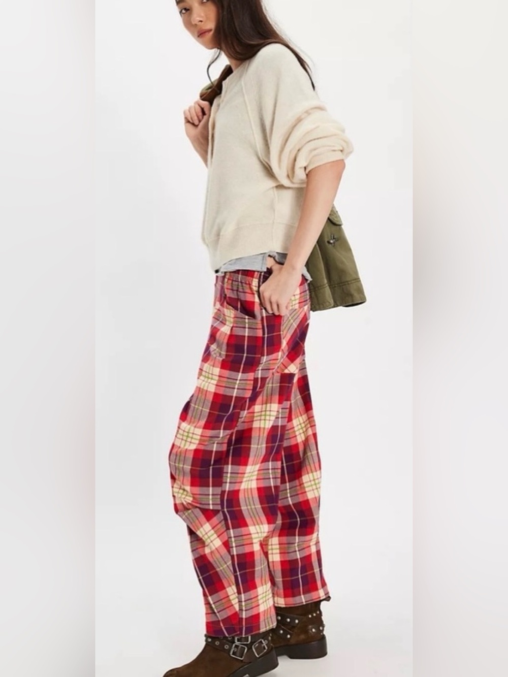 NWT Free People S Nice Choice Pull On Trouser Pants in Wine Combo Lantern Plaid